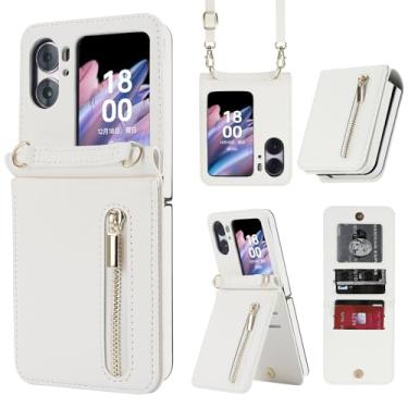 Imagem de Capa carteira flip Oppo Find N2, bolso com zíper com compartimentos para cartões, cordão e suporte, estilo fólio fino com recortes precisos e fecho magnético para uso diário e viagens (branca)