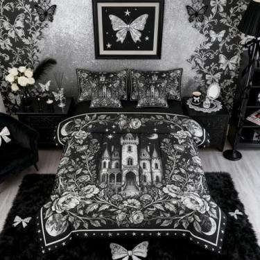 Imagem de Erosebridal Jogo de cama gótico king size em uma bolsa | Conjunto de cama castelo vintage floral e lençol com flores, galáxia, lua, preto, decoração gótica