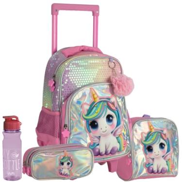 Imagem de Kit Mochila Escolar com Rodinhas de Unicórnio Holográfica Rosa, Lancheira Térmica, Estojo Duplo e Garrafinha