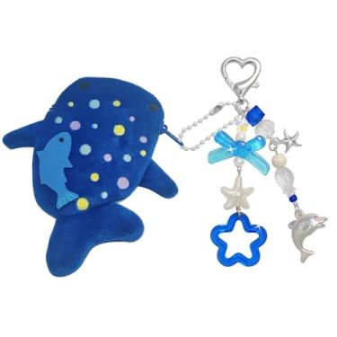 Imagem de cioatu Porta-moedas adorável tubarão baleia, porta-moedas, bolsa de pelúcia macia com zíper, bolsa feita à mão, presente com pingente para meninas e mulheres (azul escuro)