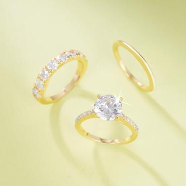 Imagem de 3 peças de anéis de zircônia cúbica branca folheados a ouro para mulheres, aliança de casamento, noivado de compromisso, joia de presente de aniversário, Metal, Zircônia cúbica