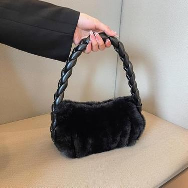 Imagem de Bolsa de ombro de pelúcia, bolsa texturizada nas axilas com material macio, bolsa casual feminina, Preto, Moderno