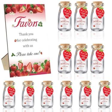 Imagem de LemonRoad Pacote com 12 presentes de chá de bebê de morango para convidados, placa de madeira com suporte, frasco de leite de 100 ml, garrafas de vidro com fitas e adesivos, brindes de chá de bebê de