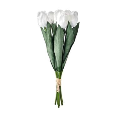 Imagem de Mikasa Flores artificiais de tulipas falsas, hastes de tulipas brancas com vegetação, conjunto de 7 flores de seda de plástico realistas, buquê de tulipas falsas para vaso de decoração de casa