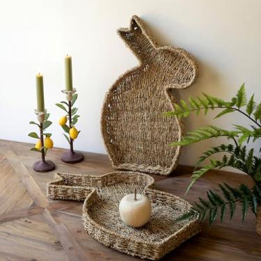 Imagem de Rtteri 2 peças de cestas de vime de coelhinho da Páscoa trançadas à mão, pratos e bandejas para servir coelhinhos, 2 tamanhos, bandejas decorativas de armazenamento de Páscoa, para primavera, fazenda