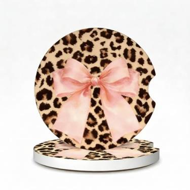 Imagem de Sliner Pacote com 2 porta-copos de carro com laço rosa com estampa de leopardo para porta-copos de 6,5 cm absorvente antiderrapante base de cortiça coquete porta-copos de cerâmica acessórios de