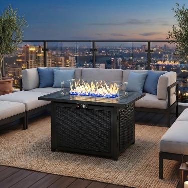 Imagem de FansaFurn Mesa de fogueira de propano preto, mesa de fogueira a gás de 50.000 BTU com tampa removível e pedra vulcânica, mesa retangular com capa, ideal para jantar ou festa no pátio, 109 cm, jardim