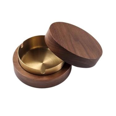 Imagem de x3anggyt5 Cinzeiros para cigarros, cinzeiro de madeira de nogueira, destacável, aço inoxidável, redondo, portátil, cinzeiro para ambientes internos e externos, escritório, jardim, etc. Bandeja de