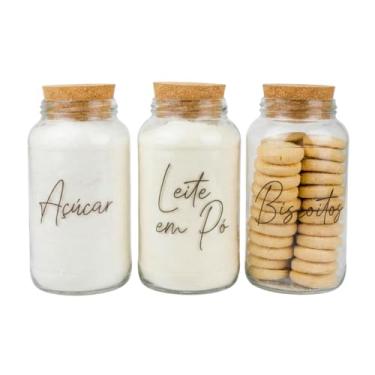 Imagem de Kit Cantinho do Café com 3 Potes de Vidro com Tampa de Cortiça e Adesivos para Armazenamento de Cozinha (Açúcar, Leite em Pó e Biscoitos)