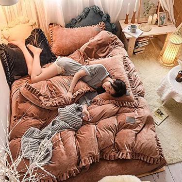 Imagem de Conjunto de capa de edredom duplo, cama de casal, macio, quente, flanela, 4 peças, lençol de cima, tamanho casal, sem rugas e resistente a manchas (marrom casal)