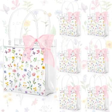 Imagem de JarThenaAMCS 24 peças de sacolas de presente de PVC transparente com rolo de fita, sacolas coloridas de lembrancinhas de flores silvestres com alça para suprimentos de primavera e férias