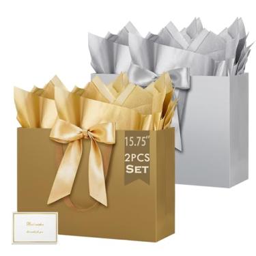 Imagem de HONTIUS Saco de presente extra grande de 15,75 polegadas, sacos de presente de papel grandes recicláveis com alças de cartões, 40 x 30 x 12,5 cm, presente de festa de aniversário, presente de dama de