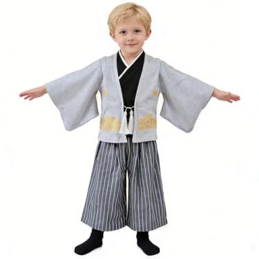 Imagem de Fantasias de samurai para meninos, conjunto de roupas de quimono infantil, para meninos, guerreiro japonês, fantasia de Halloween, cosplay, manto Ninja cinza