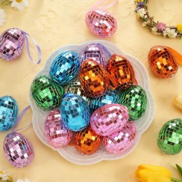 Imagem de Jenaai 24 peças de ovos de páscoa coloridos refletivos espelhados bola de discoteca coloridos enfeites de ovo de páscoa enfeites de ovo de espuma para pendurar em árvore de Natal, festa em casa