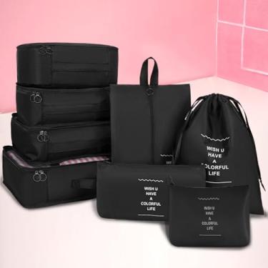 Imagem de 8 conjuntos de organizadores de bagagem essenciais para viagens e viagens, bolsa de lavanderia, bolsa de sapatos, bolsa de roupa íntima, Preto
