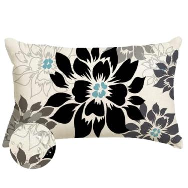 Imagem de ARGOOFG Capas de almofada à prova d'água preta e cinza, floral, dália, para ambientes externos, 30 x 50 cm, capas decorativas de primavera e verão para sala de estar, sofá, pátio, jardim, varanda