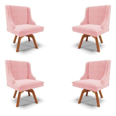 Imagem de Kit 4 Cadeiras Decorativas Sala de Jantar Base Giratória de Madeira Firenze Suede Rosa Bebê/Natural G19 - Gran Belo