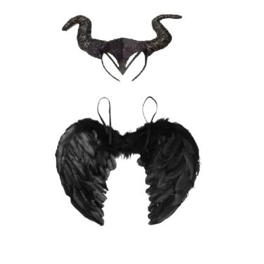 Imagem de Fantasia Da Malévola Bruxa Feiticeira Infantil C/ Tiara Malévola e Asa Preta 45x35 Cm - 2 Peças Cosplay Festas Eventos