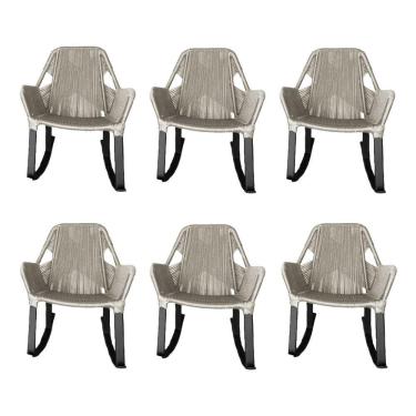 Imagem de Kit 6 Cadeiras De Balanço Athenas Corda Náutica Base Em Alumínio Preto-areia - Cor: Bege