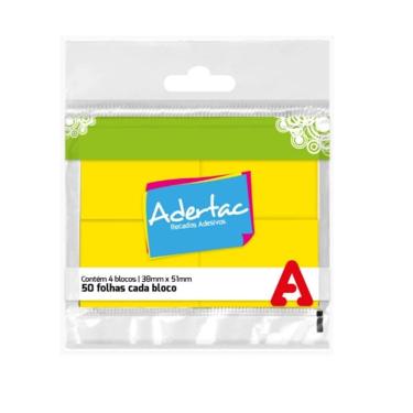 Imagem de Bloco de Notas Adesivo Adertac Amarelo Neon 38MM X 51MM 4 Blocos de 50 Folhas