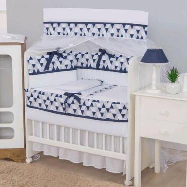 Imagem de Kit Mini Berço Algodão 8 Pcs Bebê Menino Bandeirola Marinho - Avm Enxo