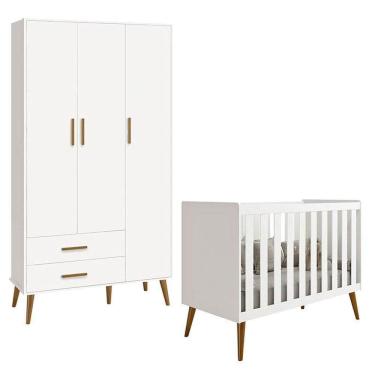 Imagem de Berço Americano E Guarda Roupa Infantil 3 Portas Isis Branco Acetinado - Reller