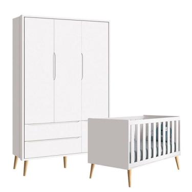 Imagem de Berço Americano e Guarda Roupa 3 Portas Infantil Theo Branco Acetinado com Pés Madeira Natural  – Reller