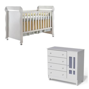 Imagem de Berço Americano Mirelle e Cômoda Infantil Ariel Branco Brilho - Carolina