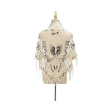 Imagem de Lenço Elegante Feminino Com Estampa De Borboleta E Renda, Cachecol De 