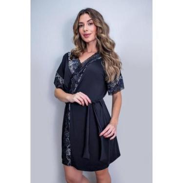 Imagem de Robe de Luxo Microfibra Com Renda Hobby Roupão Roupa de Dormir com Cin