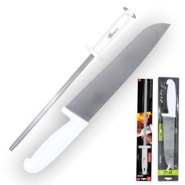 Imagem de Faca 10" Aço Inox Cabo Branco + Chaira 10" Profissional Cozinha - Sq S