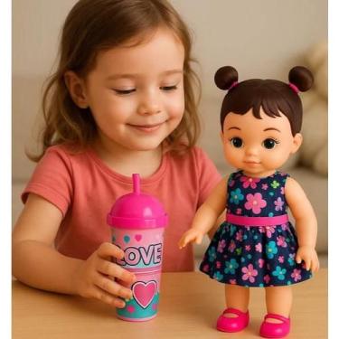 Imagem de Boneca Hannah Infantil Copo Suquinho Canudo Vestido Acessórios Brincar