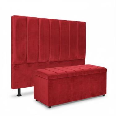 Imagem de Kit Cabeceira E Calçadeira Baú Carla Casal 140 cm - Veludo Vermelho - 