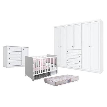 Imagem de Quarto de Bebê Americano 6 Portas com Berço Nacional Mel Branco Acetin