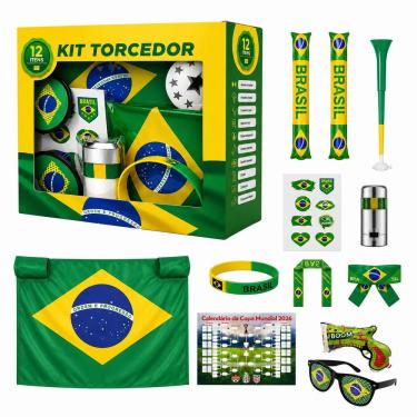 Imagem de Kit Torcedor Brasil 12 Itens com Bandeira Corneta e Acessórios para Jogos Verde Amarelo e Azul