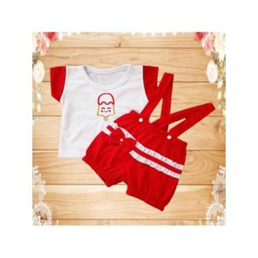 Imagem de Conjunto Macacão Curto Jardineira + Camiseta Bordada Bebe Menina RN ou