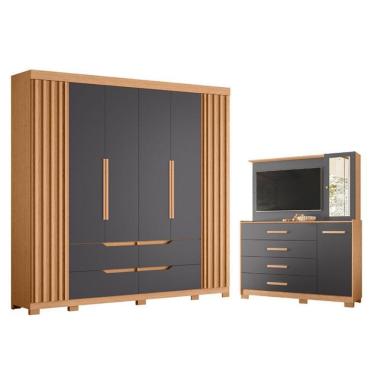 Imagem de Kit Guarda Roupa Doble e Cômoda Ilhabela 8 Portas 4 Gavetas MDP Titânio Albatroz Móveis