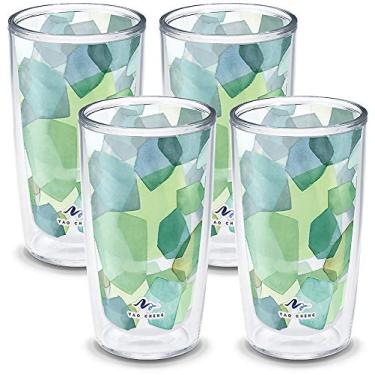 Imagem de Tervis Copo de viagem Yao Cheng Green Crystal Made in USA Copo de Viagem Isolado de Parede Dupla Mantém Bebidas Frias e Quentes, 473 ml, Pacote com 4, Hexágono Verde Azul