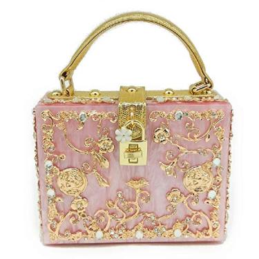 Imagem de Boutique De FGG Bolsas de ombro femininas com design de acrílico e flor, bolsa tiracolo com strass, bolsa para noite, pequena, rosa, Medium