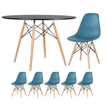 Imagem de Loft7, Kit - Mesa redonda Eames 120 cm preto + 5 cadeiras Eiffel Dsw Turquesa