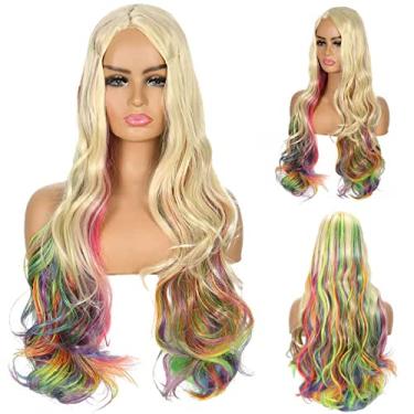 Imagem de YBY Peruca de cabelo cacheado longo, cabelo sintético natural com touca de perucas para cosplay e uso diário