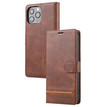 Imagem de Capa carteira para iPhone 13/13 Pro/13 Pro Max, capa flip de couro premium com suporte para cartão e função de suporte fivela magnética TPU à prova de choque, marrom, 13 15,1 cm