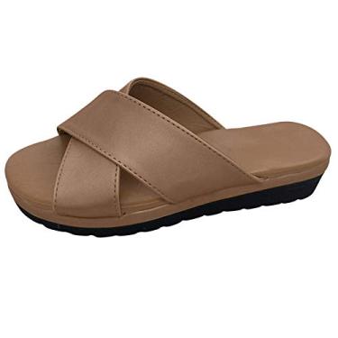 Imagem de Sandálias de verão para mulheres chinelos de praia moda dedo do pé feminino aberto sandálias romanas sapatos grossos cunhas, Marrom, 10