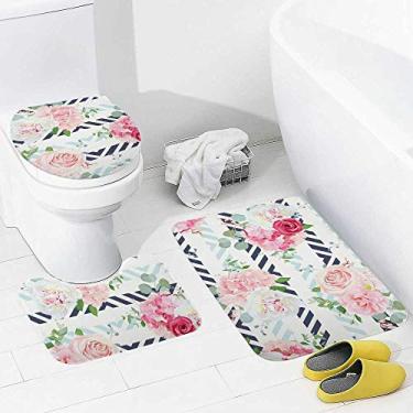 Imagem de Conjunto de tapetes de banheiro e tapetes de 3 peças de buquês de rosa vermelha, tapete de banheiro de espuma viscoelástica lavável antiderrapante tapete e tampa para banheiro