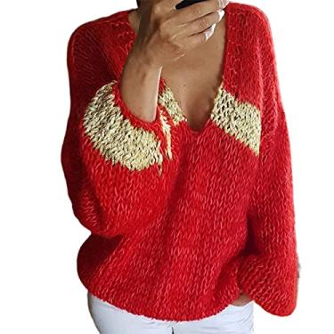 Imagem de Suéter feminino elástico manga lanterna suéter elástico casual vermelho GG
