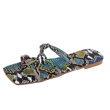 Imagem de Sandálias para mulheres meninas chinelos dedo serpentina slip-on feminino quadrado verão sapatos estampados planos (multicolorido, 37)