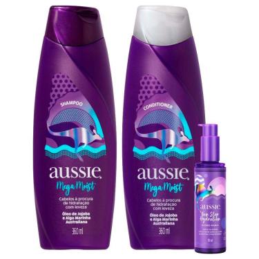 Imagem de Kit Shampoo Aussie Mega Moist Super Hidratação 360ml + Condicionador 360ml + Leave-in Serum Aussie Non Stop Hydration 95ml 
