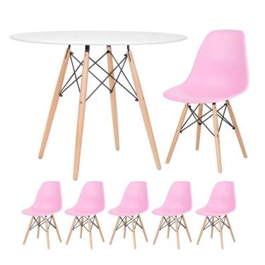 Imagem de Mesa Redonda Eames 100cm Branco + 5 Cadeiras Rosa Claro
