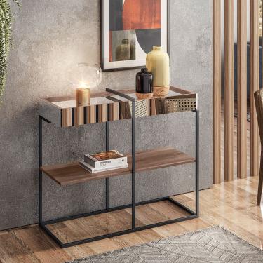 Imagem de Aparador de Sala com Espelho Aurora 1 Prateleira Pés Metálicos Estilo Industrial Cor Demolição e Preto Dream Home Design