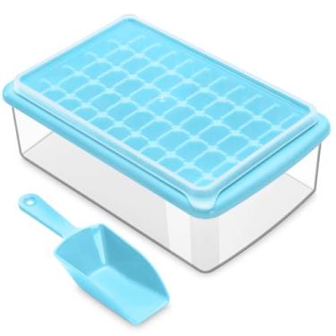 Imagem de ARTLEO Bandeja de cubo de gelo com tampa e compartimento para freezer, bandeja de gelo mini pepitas de liberação fácil com tampa 55 com tampa, recipiente de armazenamento de gelo, colher, molde de gelo de plástico durável flexível e balde, livre de BPA